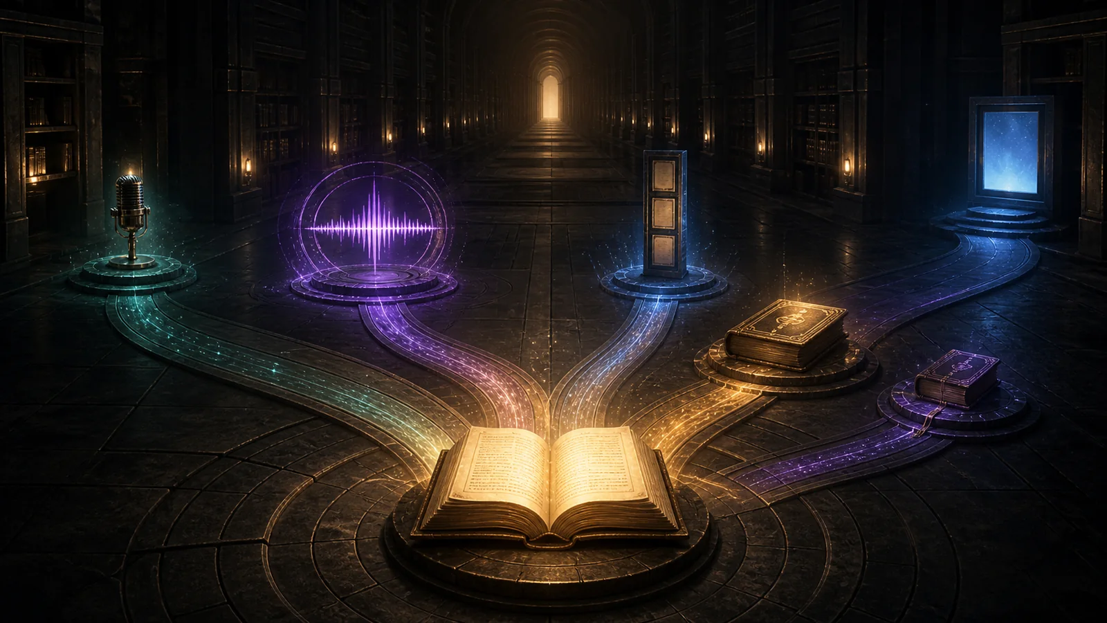 An illuminated manuscript branches into separate microphone, audio-wave, print-volume, side-story, and screen pathways in a dark archive