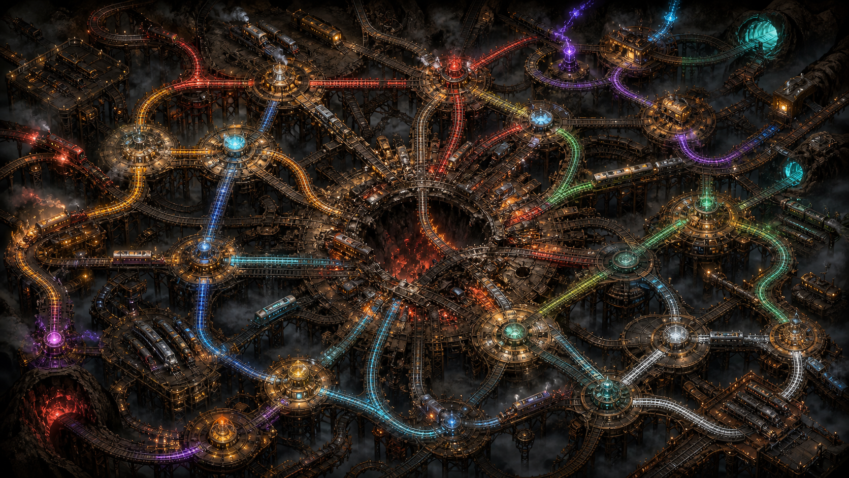 Interpretive map of the Iron Tangle rail labyrinth with colored lines, stations, trainyards, and a central abyss