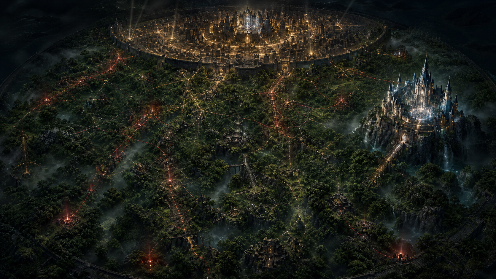 Interpretive map of the Hunting Grounds with jungle ruins, Zockau, hunter routes, and the high elf castle