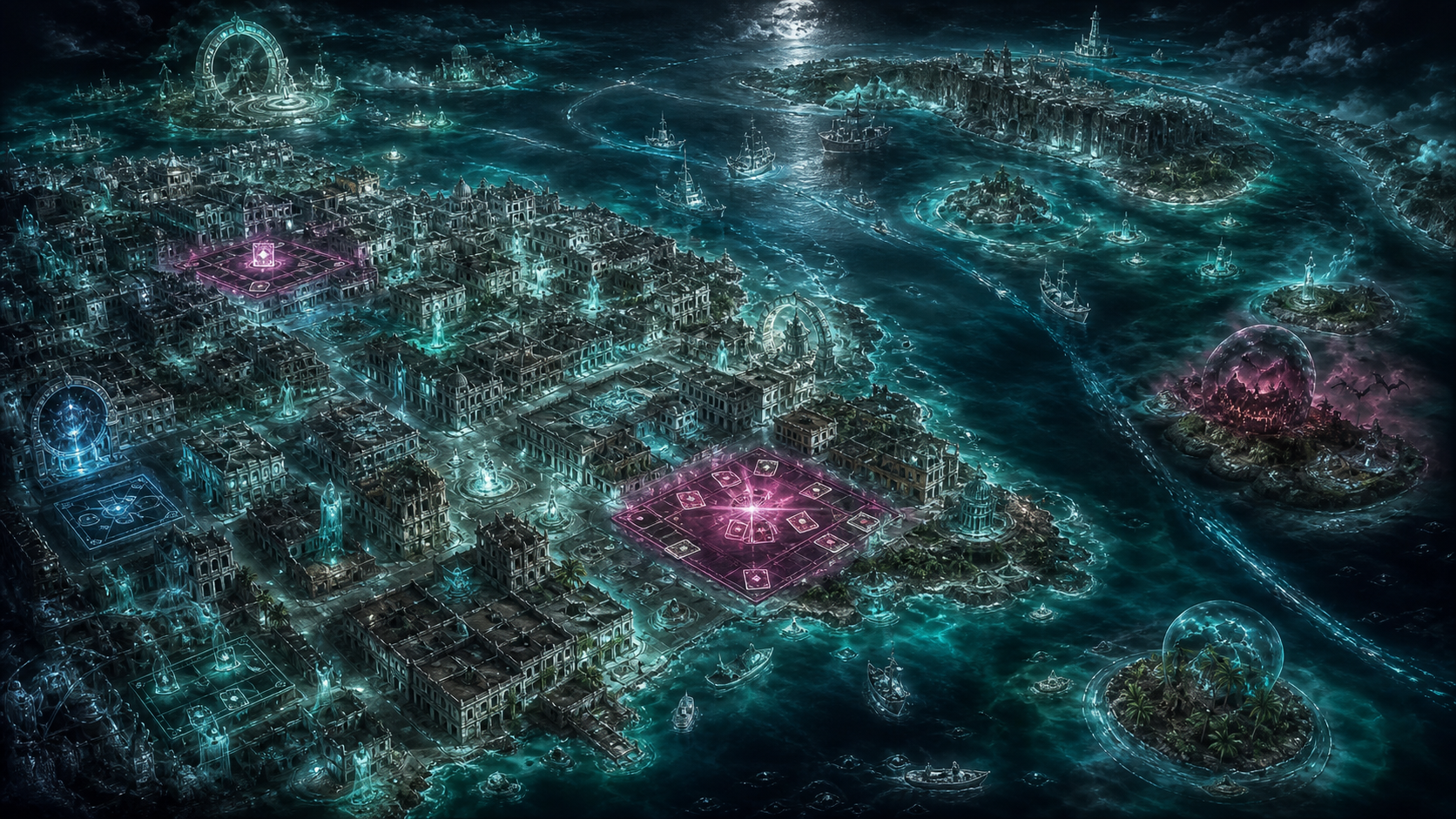 Interpretive map of spectral Havana, island routes, and magical card-battle fields on the Eighth Floor