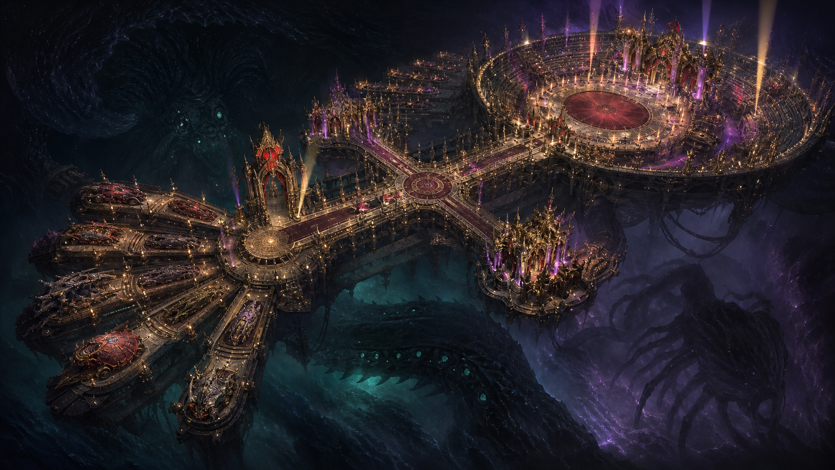 Interpretive map of the Eleventh Floor parade staging platforms, route, arena, and cosmic threats
