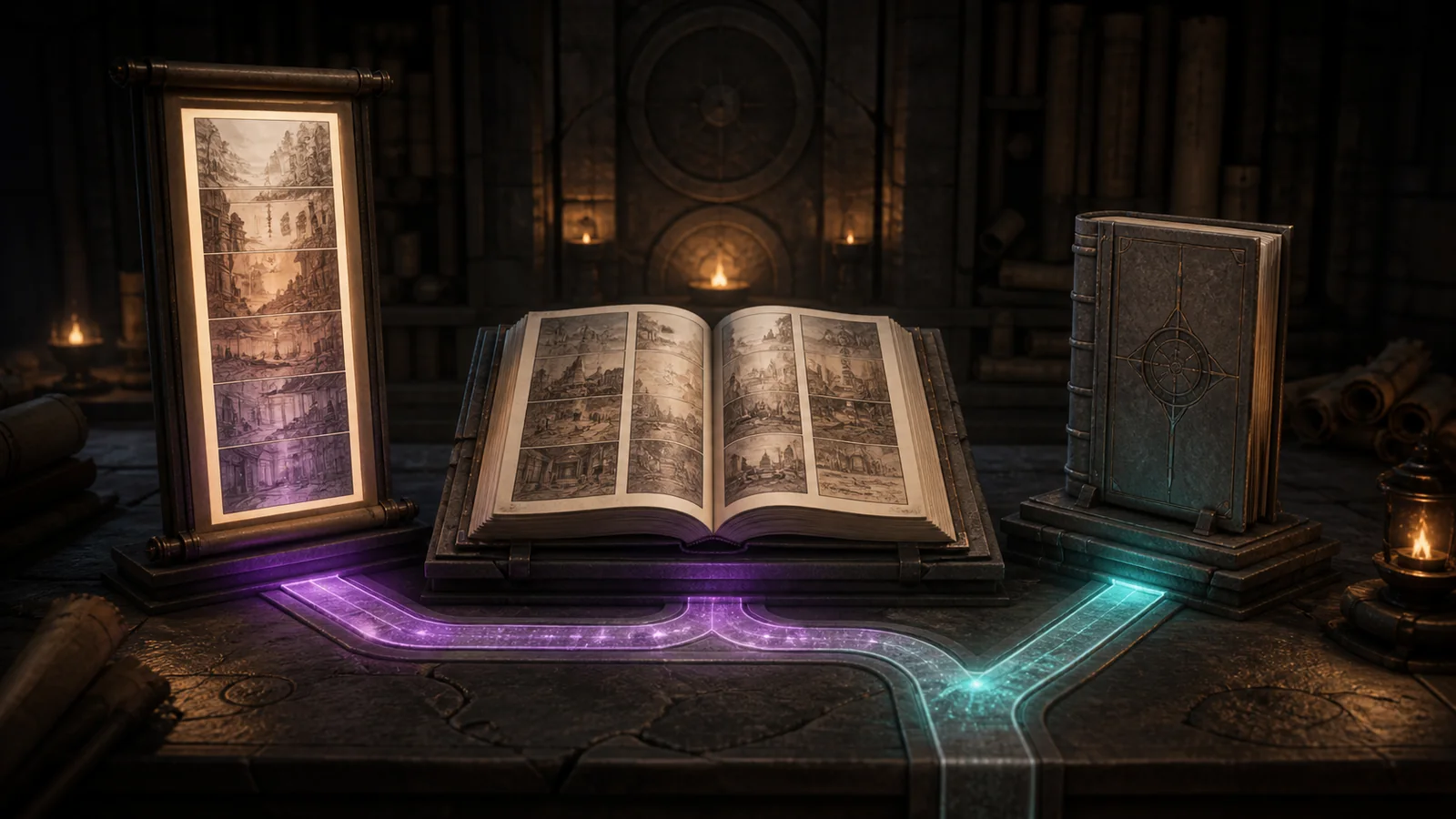 A glowing vertical comic scroll, an open reformatted print volume, and a separate closed side-story codex sit on three connected archive paths