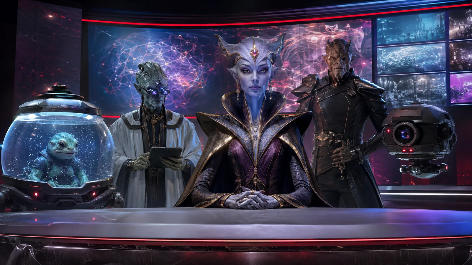 Original interpretive rendering of off-world administrators and broadcast staff seated at a control desk.