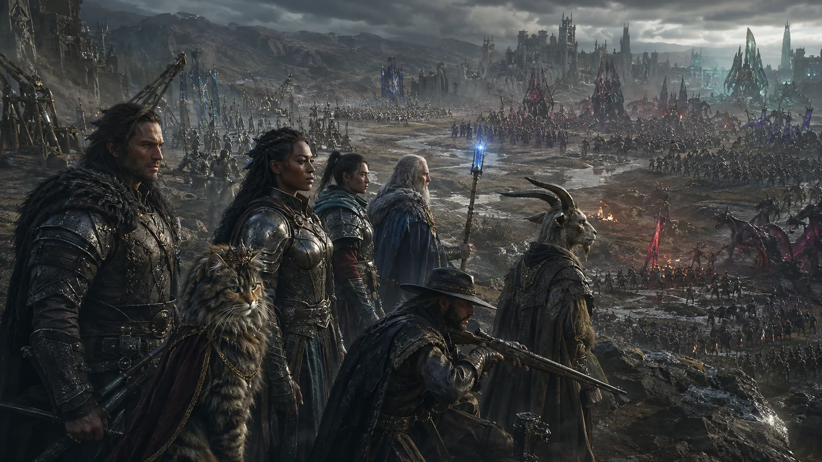 Original interpretive rendering of allied crawler forces surveying a faction-war battlefield.