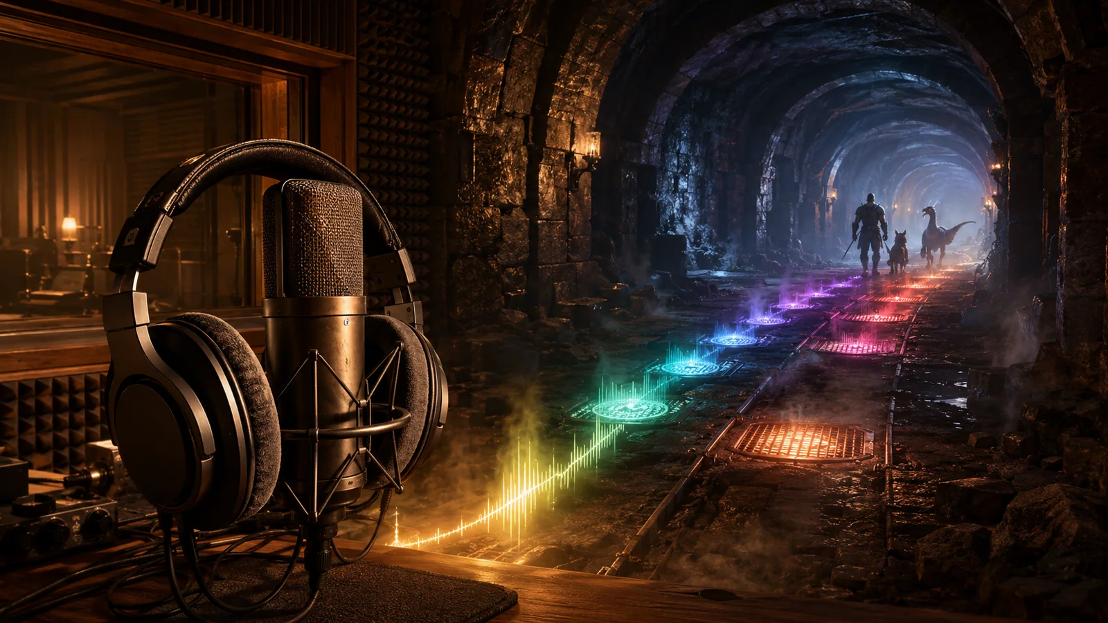Original interpretive rendering of headphones beside a glowing tunnel path, representing audio editions and tracking.