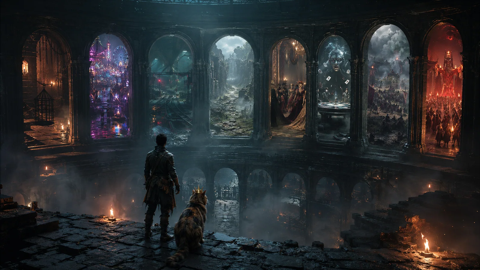 Original interpretive rendering of a reader facing portals into different Dungeon Crawler Carl books.