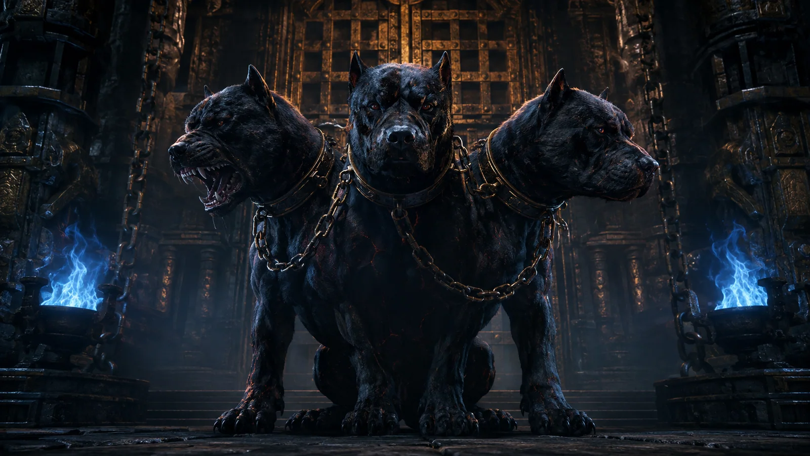 Original interpretive portrait of Cerberus in a Dungeon Crawler World setting.