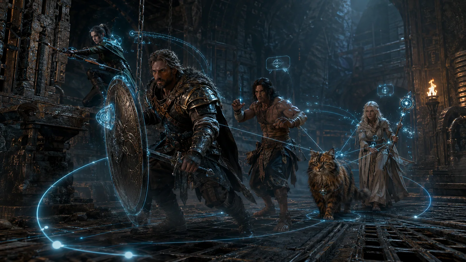 Original interpretive rendering of a crawler party coordinating inside a glowing circular interface.