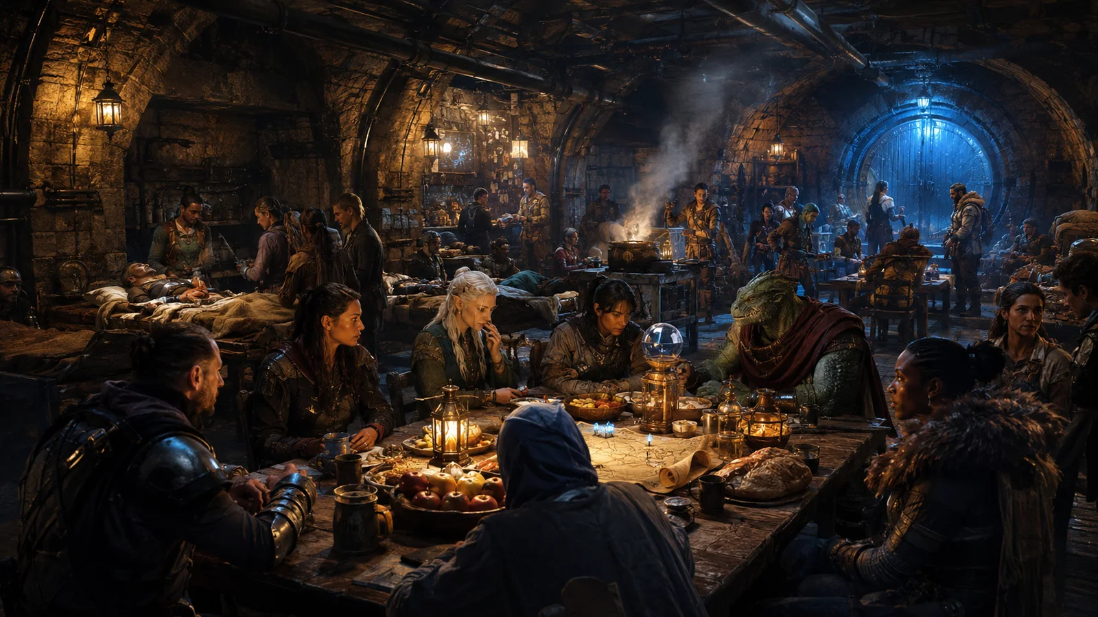 Original interpretive rendering of a large crawler community gathered in a cavern refuge.