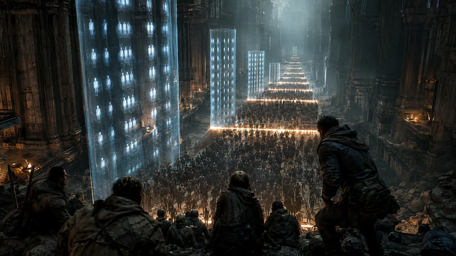 Original interpretive rendering of surviving crawlers viewed against a vast illuminated tally wall.