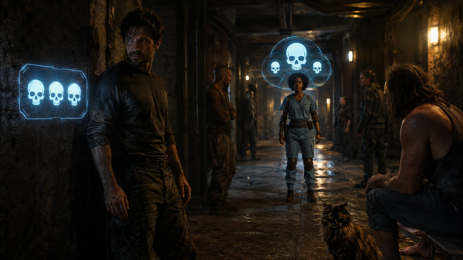 Original interpretive rendering of crawlers confronting a glowing skull-marked status display.