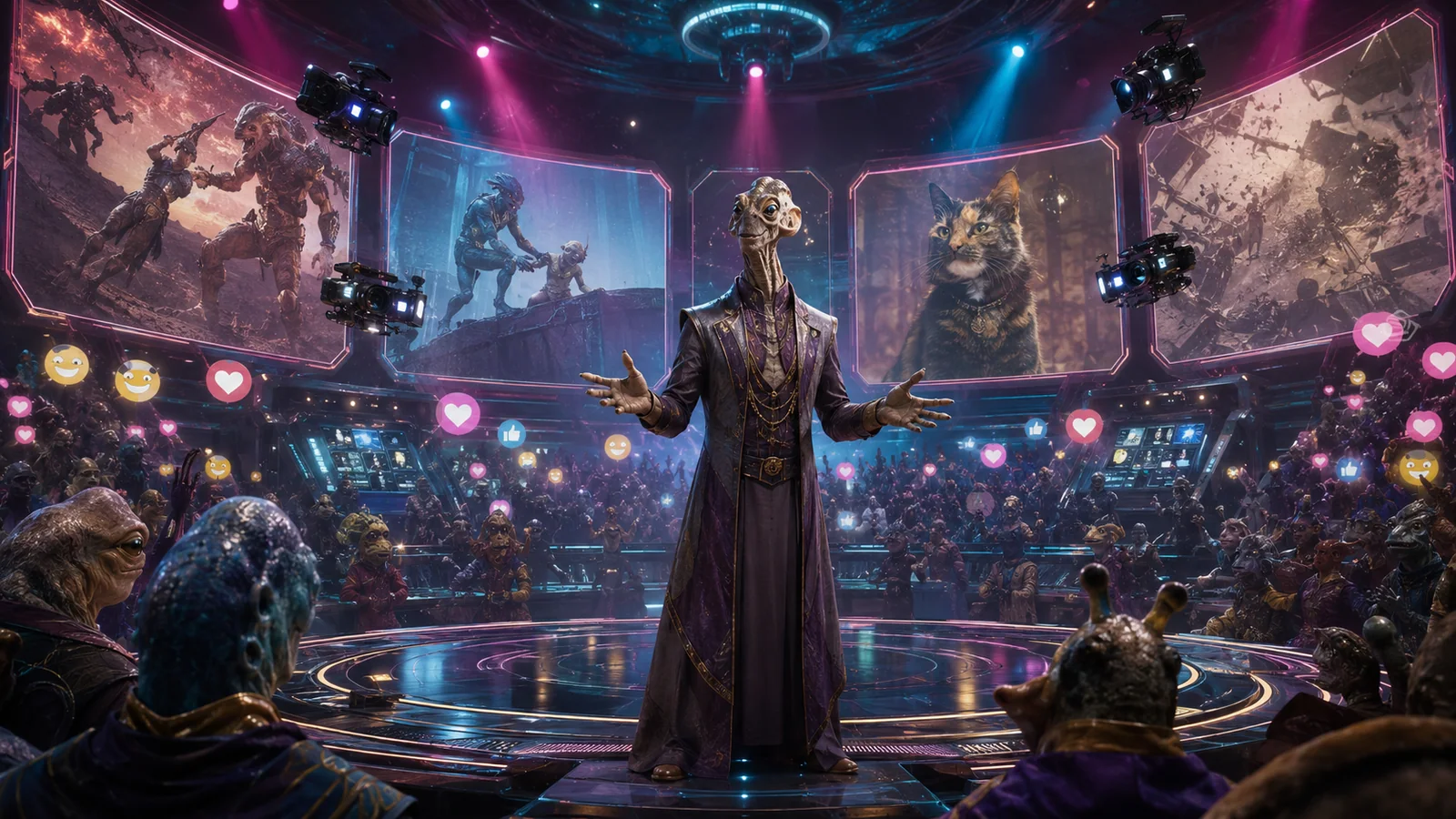 Original interpretive rendering of a flamboyant host presenting combat highlights in an arena studio.