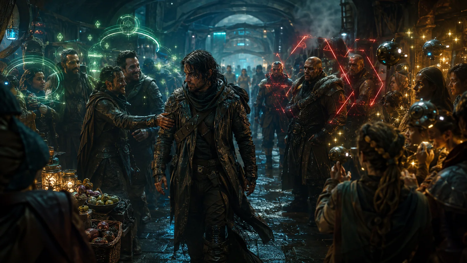 Original interpretive rendering of a crawler moving through a crowd under competing reputation displays.