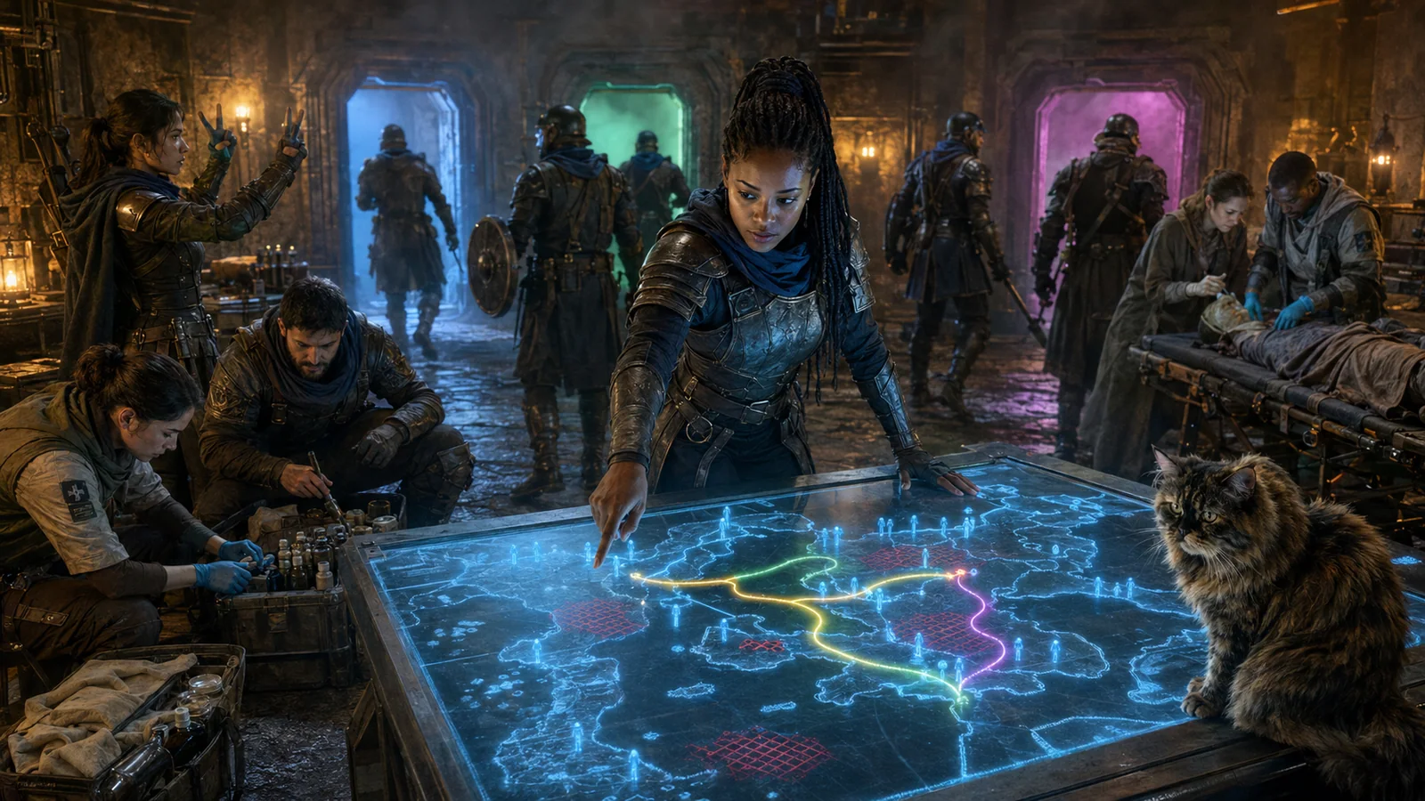 Original interpretive rendering of crawlers coordinating a rescue over a holographic route map.
