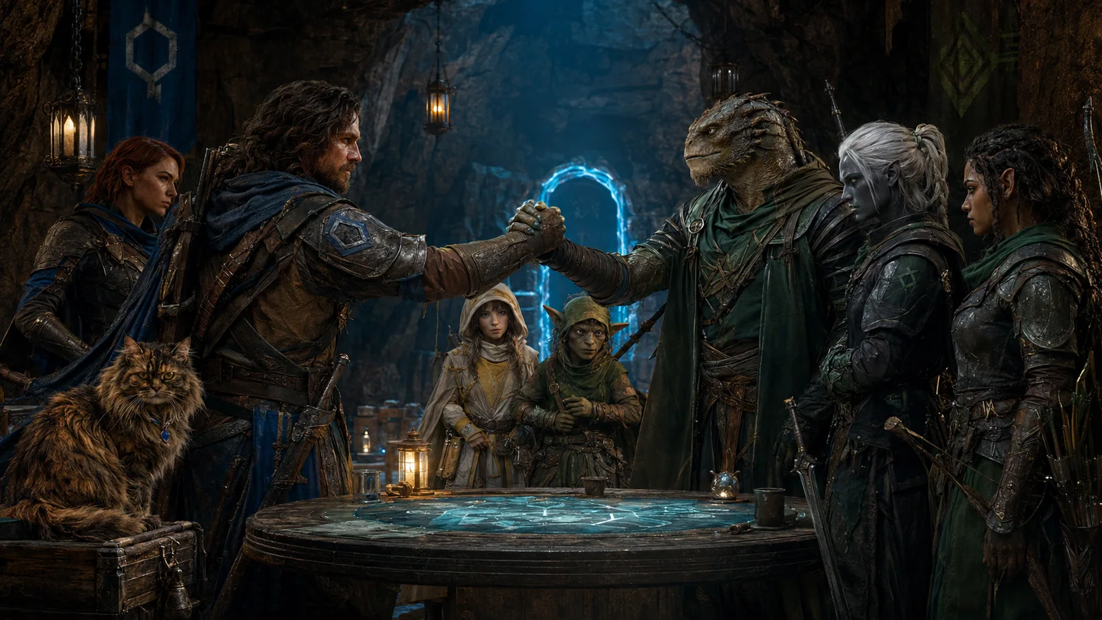 Original interpretive rendering of crawler teams sealing an alliance across a dungeon map.