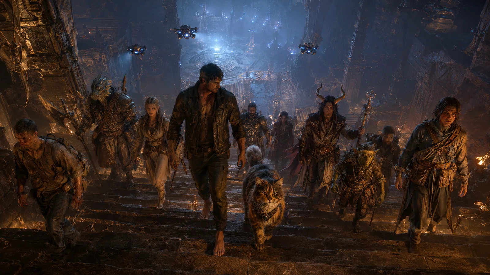 Original interpretive group rendering of crawlers advancing together through a ruined dungeon corridor.