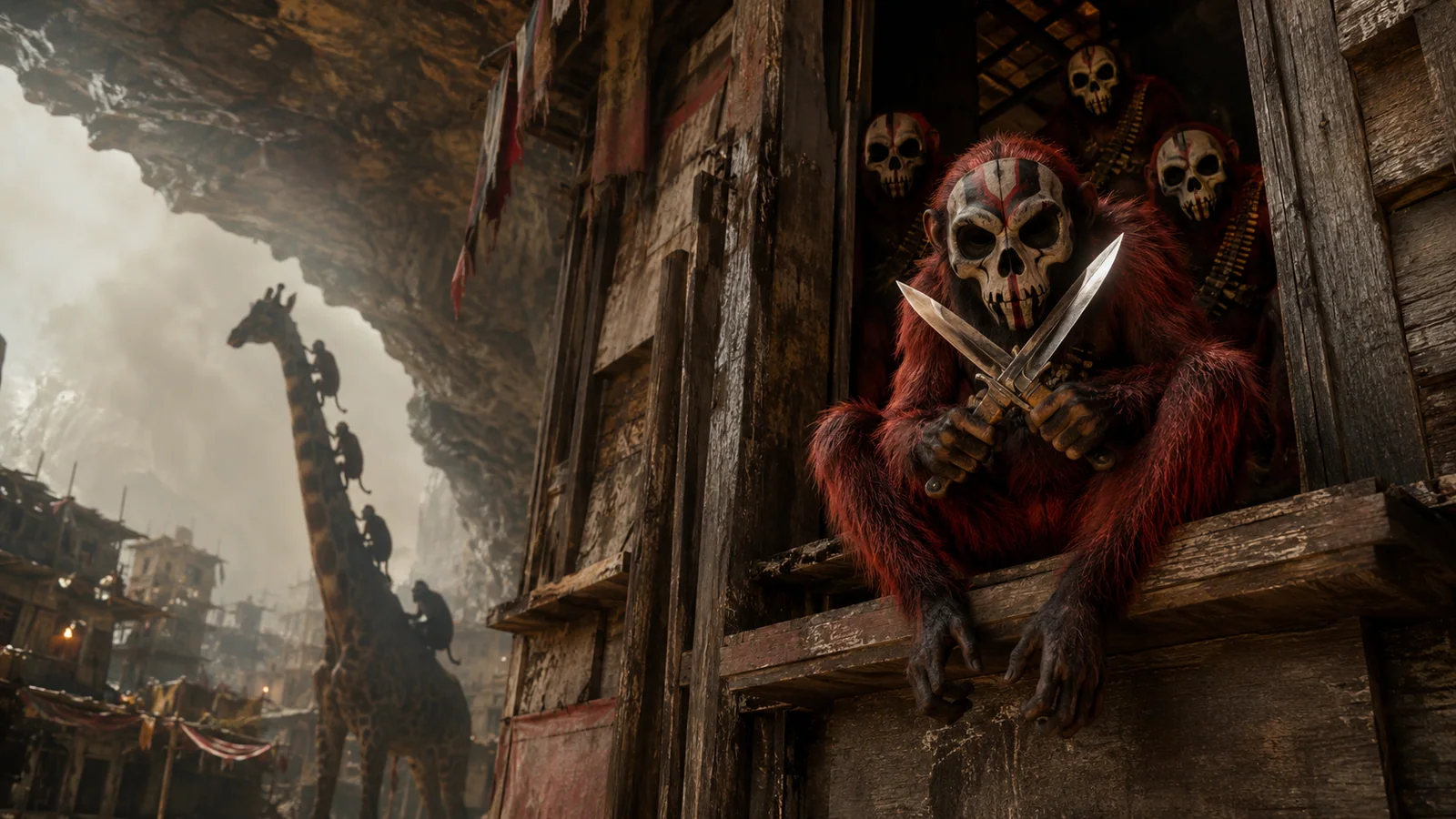 Original interpretive rendering of a masked lemur figure overlooking a ruined settlement.