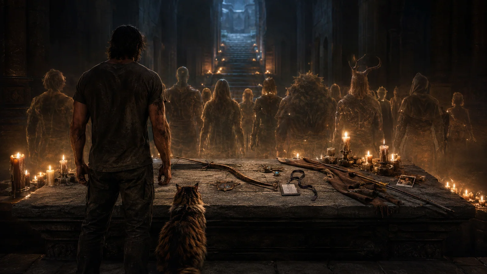Original interpretive memorial scene with a crawler and cat facing candlelit silhouettes.