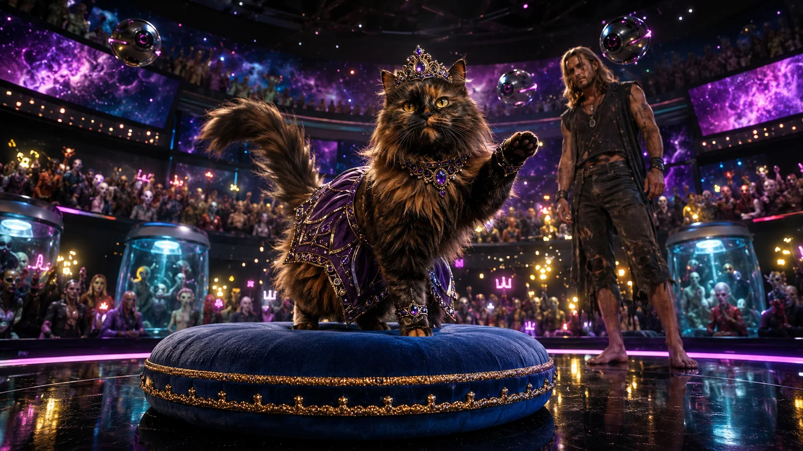 Original interpretive rendering of Princess Donut posing beneath arena lights and cameras.