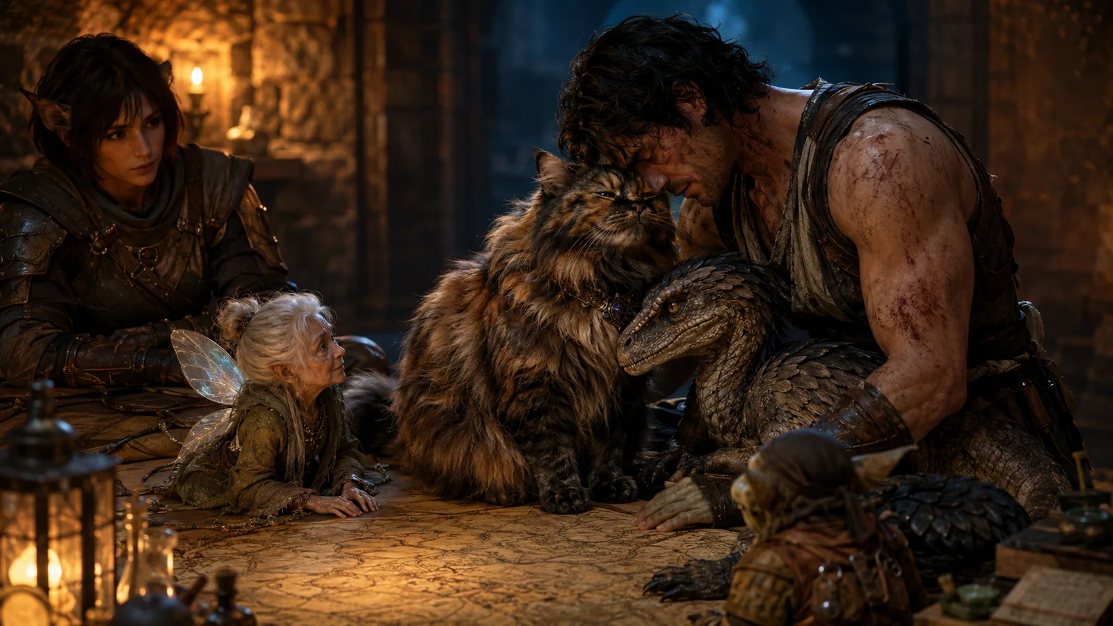 Original interpretive rendering of Princess Donut surrounded by Carl, Mongo, and close allies.