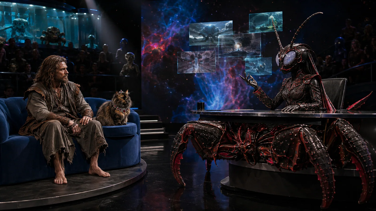 Original interpretive rendering of an off-world host interviewing a crawler in a broadcast studio.