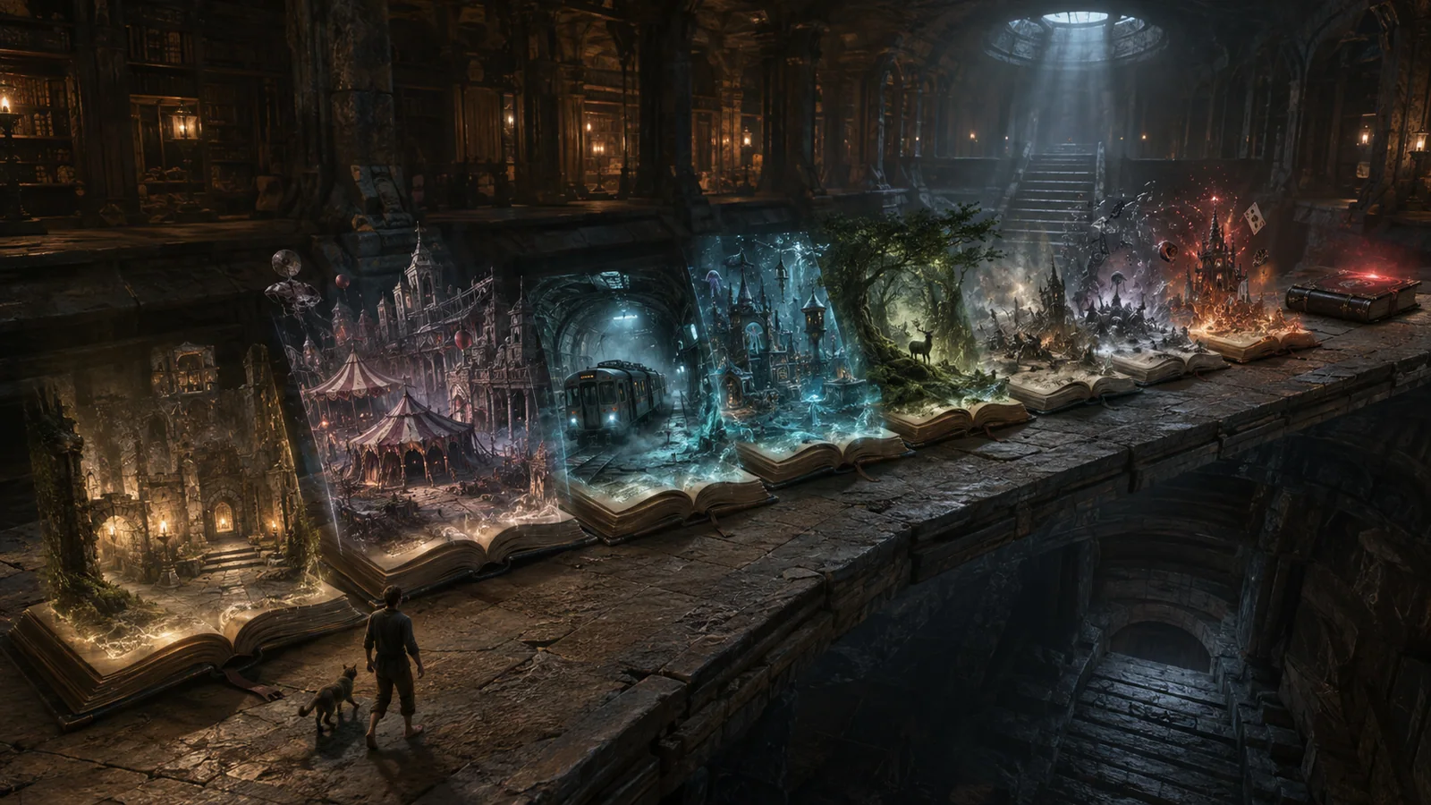 Original interpretive rendering of glowing book portals arranged through a dungeon archive.