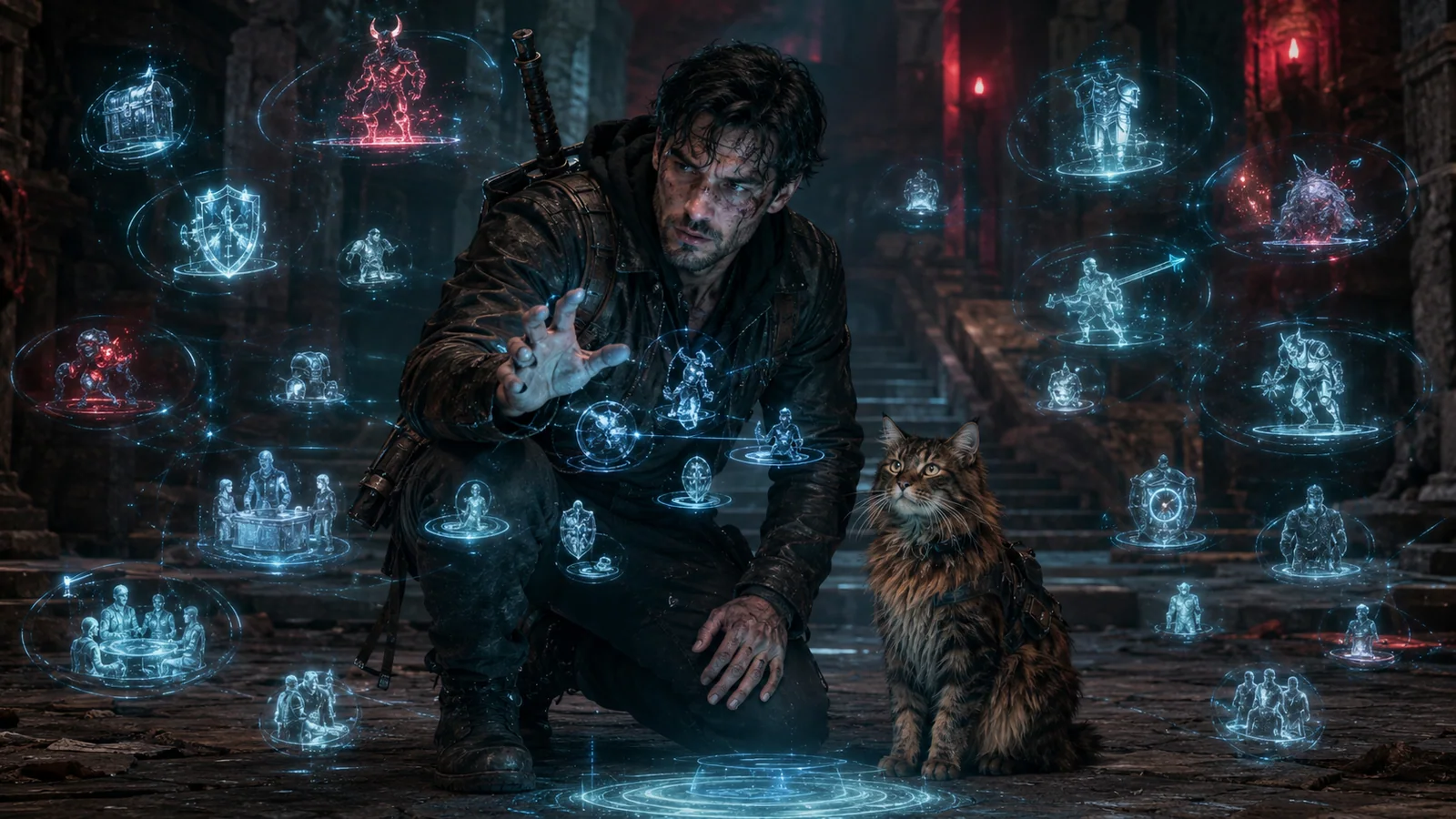 Original interpretive rendering of Carl and Donut studying holographic dungeon records.