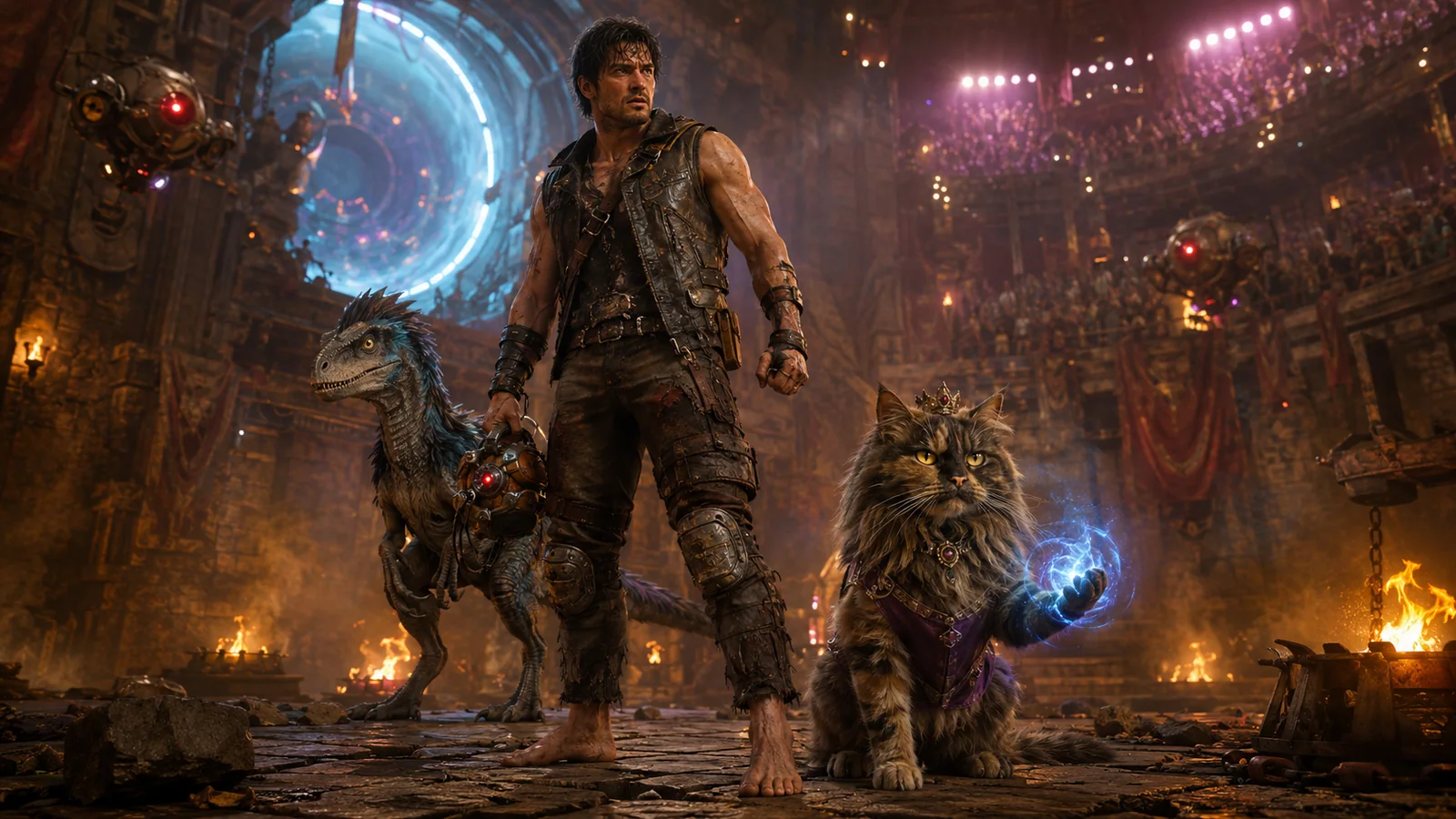 Original interpretive rendering of Carl and Princess Donut advancing through a collapsing arena.