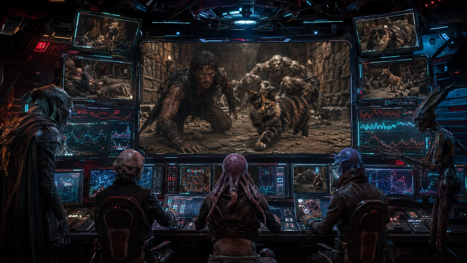 Original interpretive rendering of producers monitoring a wall of Dungeon Crawler World feeds.