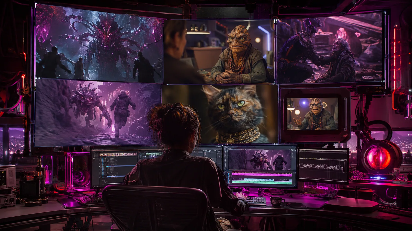 Original interpretive rendering of an editor assembling Dungeon Crawler World episode footage.