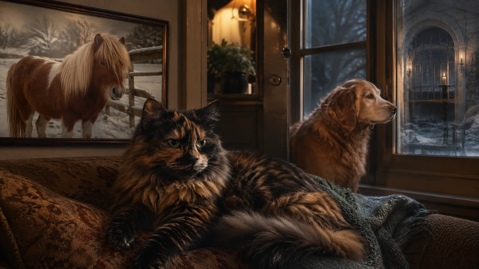 Original interpretive rendering of household cats, dogs, and other Earth animals before the crawl.