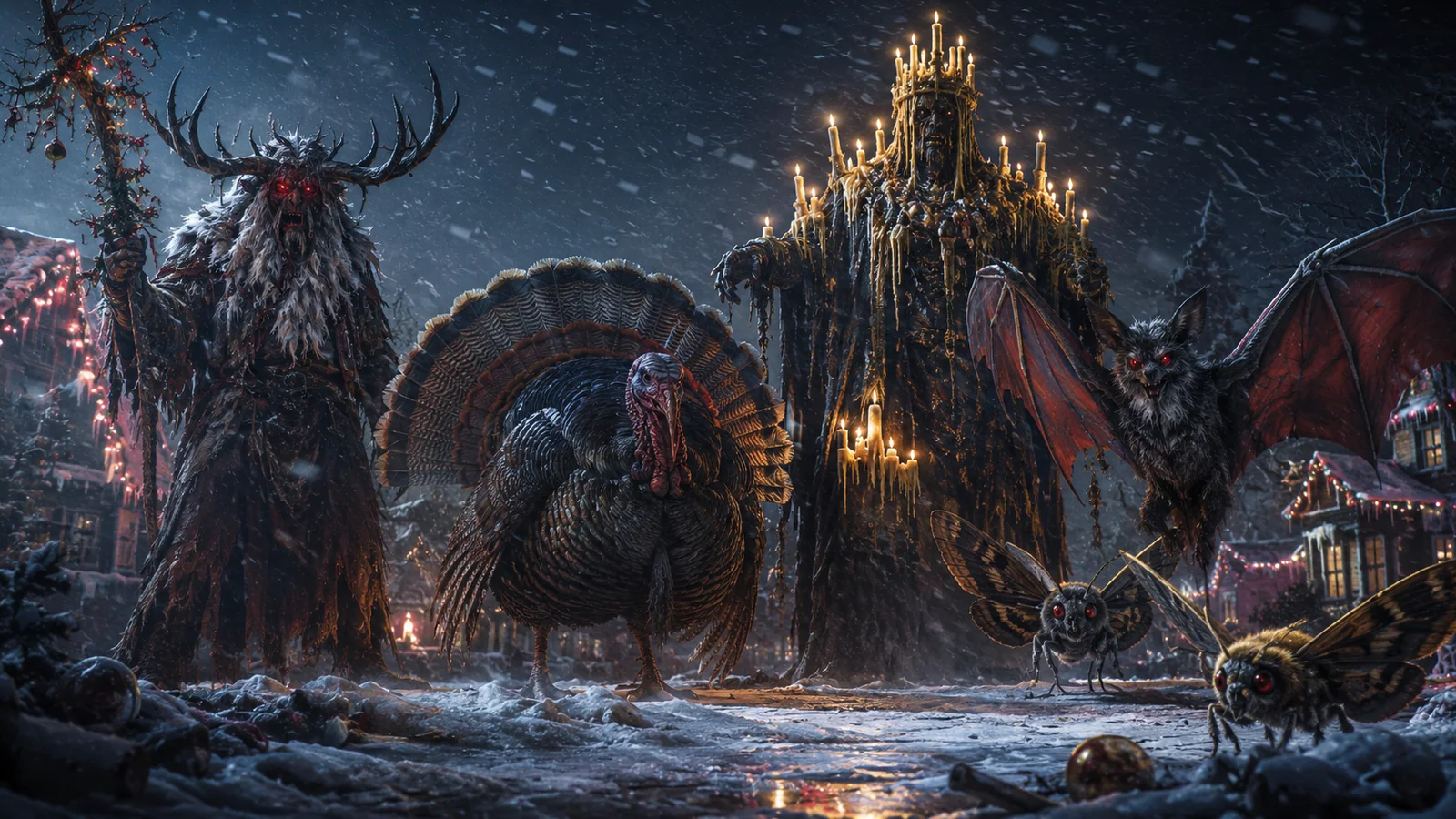 Original interpretive rendering of monstrous holiday-themed bosses surrounding a fortified settlement.