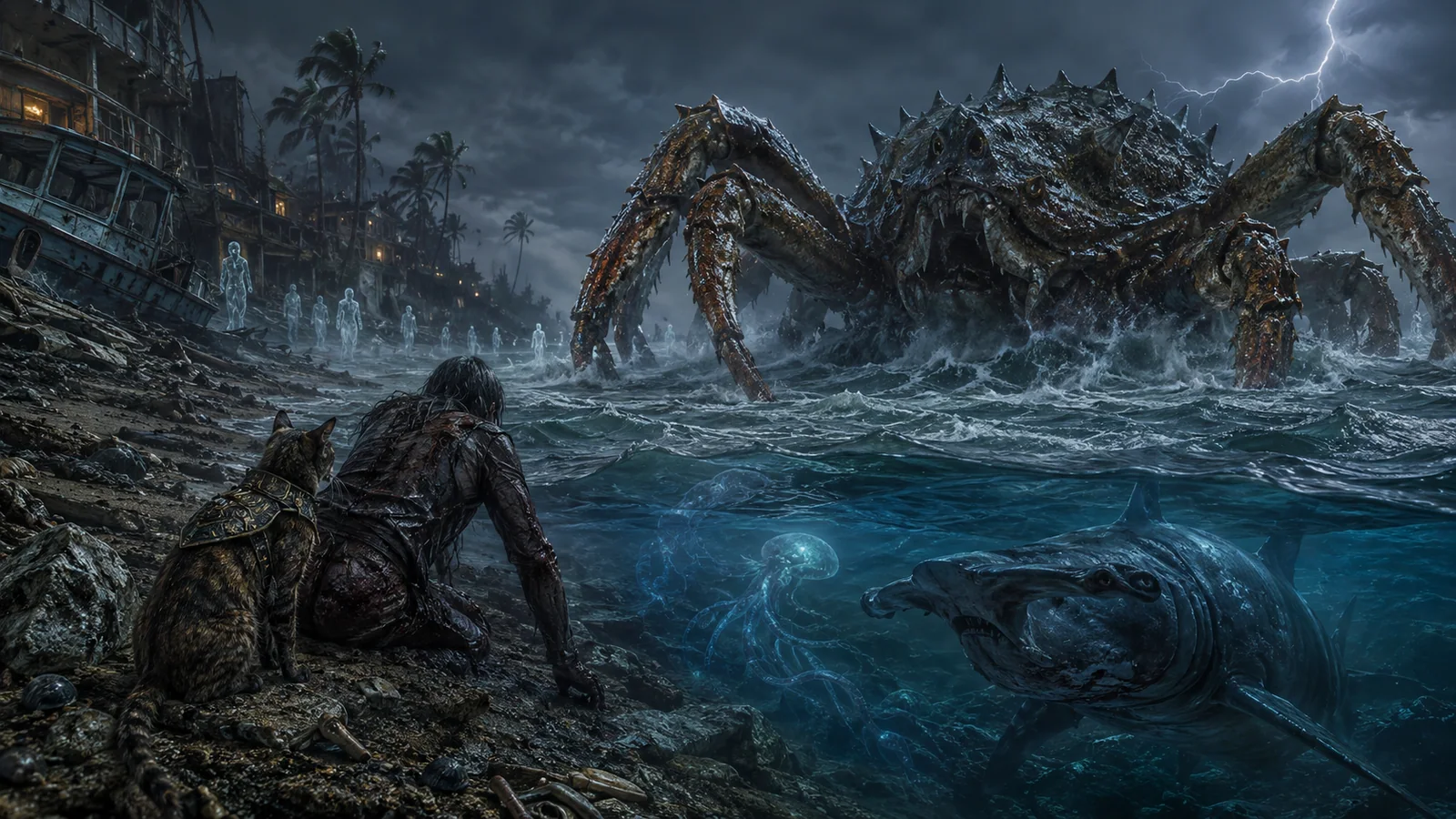 Original interpretive rendering of crawlers facing giant sea creatures in a flooded district.