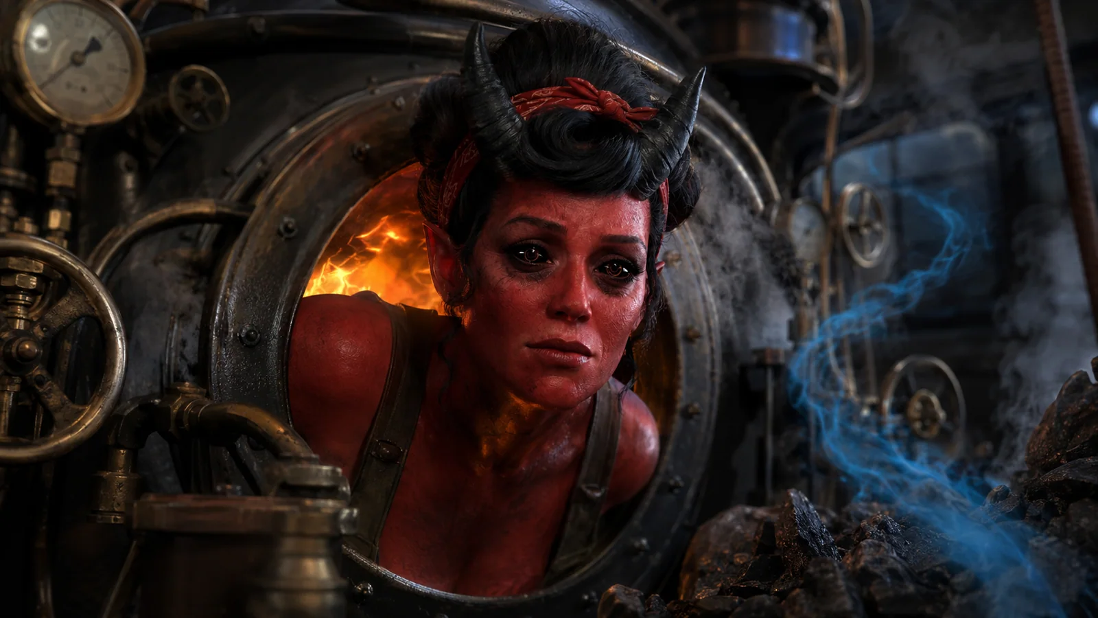 Original interpretive portrait of Fire Brandy in a Dungeon Crawler World setting.
