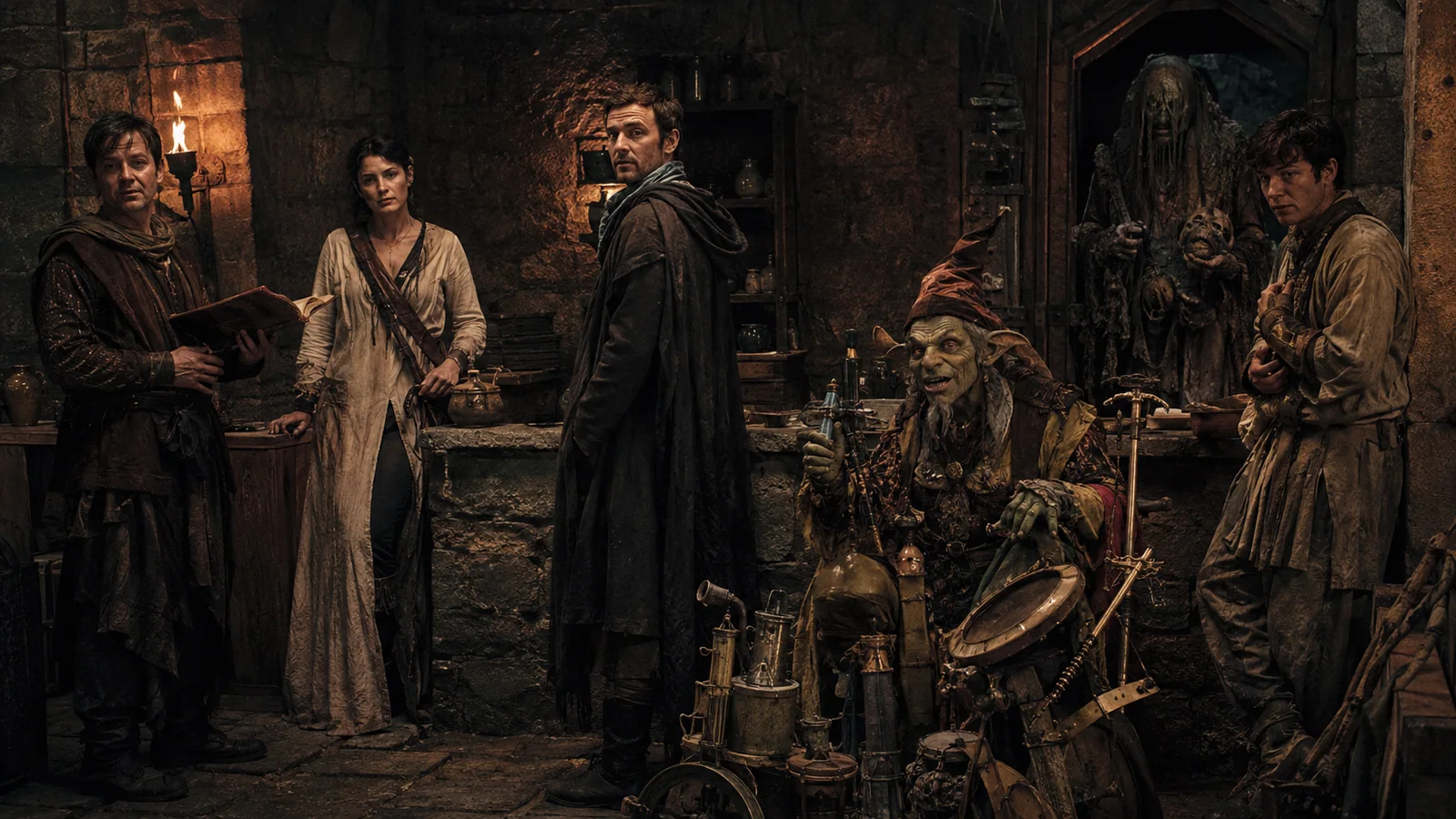 Original interpretive group rendering of supporting NPCs gathered in an early-floor dungeon settlement.