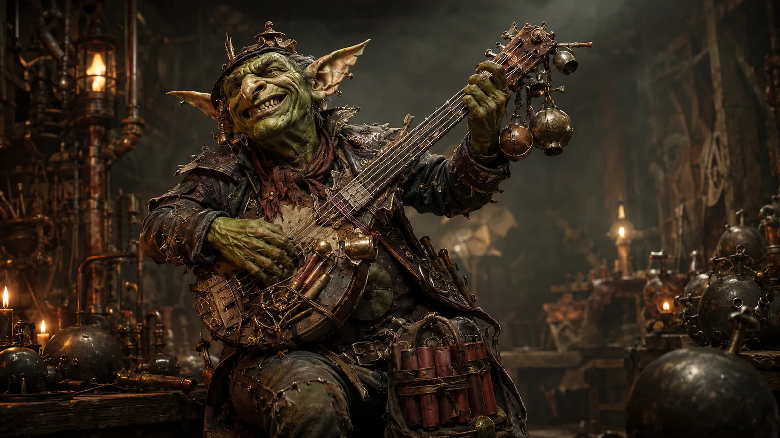 Original interpretive portrait of Goblin Bomb Bard in a Dungeon Crawler World setting.
