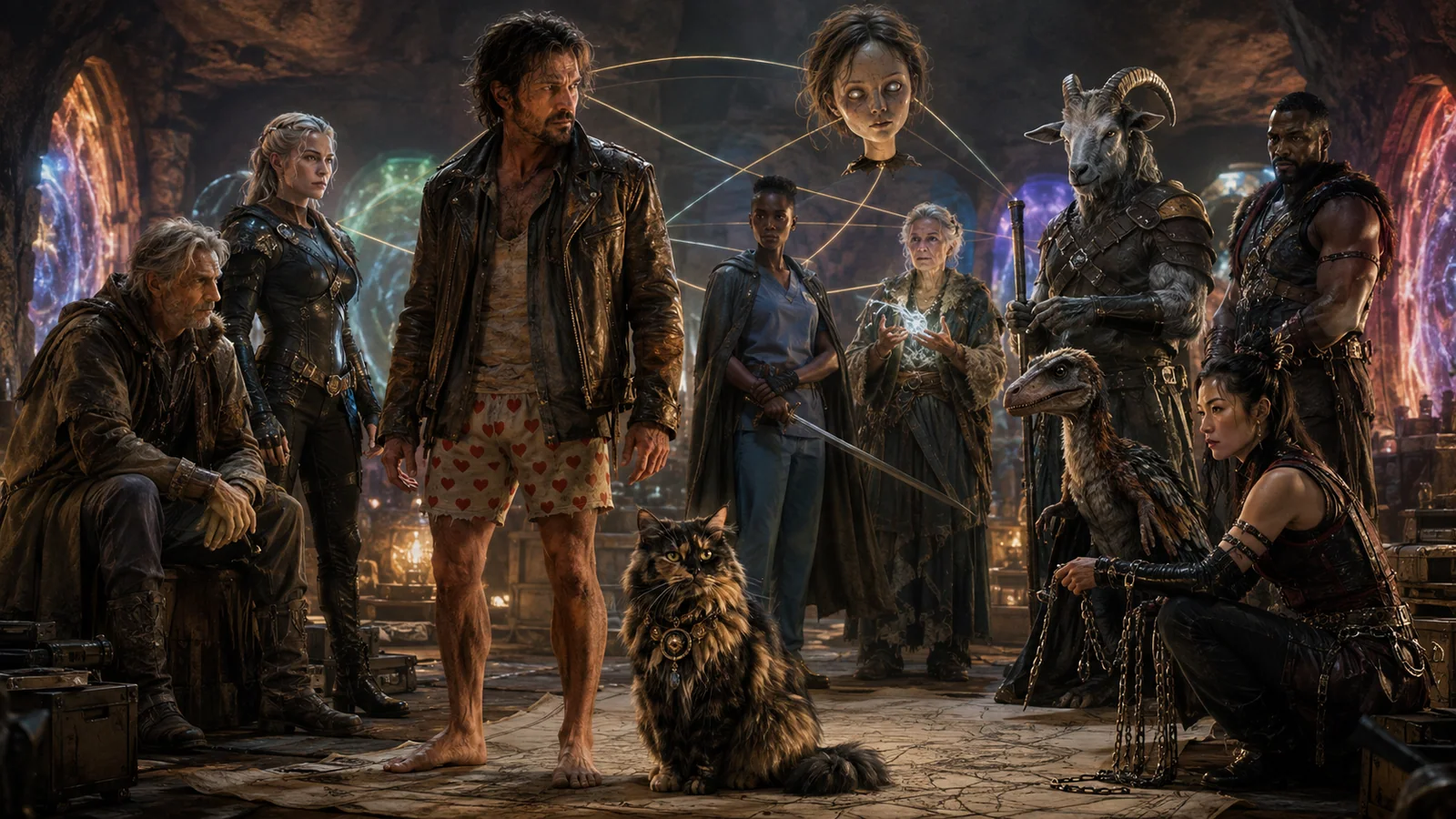 Original interpretive group rendering of Carl, Donut, and their closest allies gathered around a dungeon map.