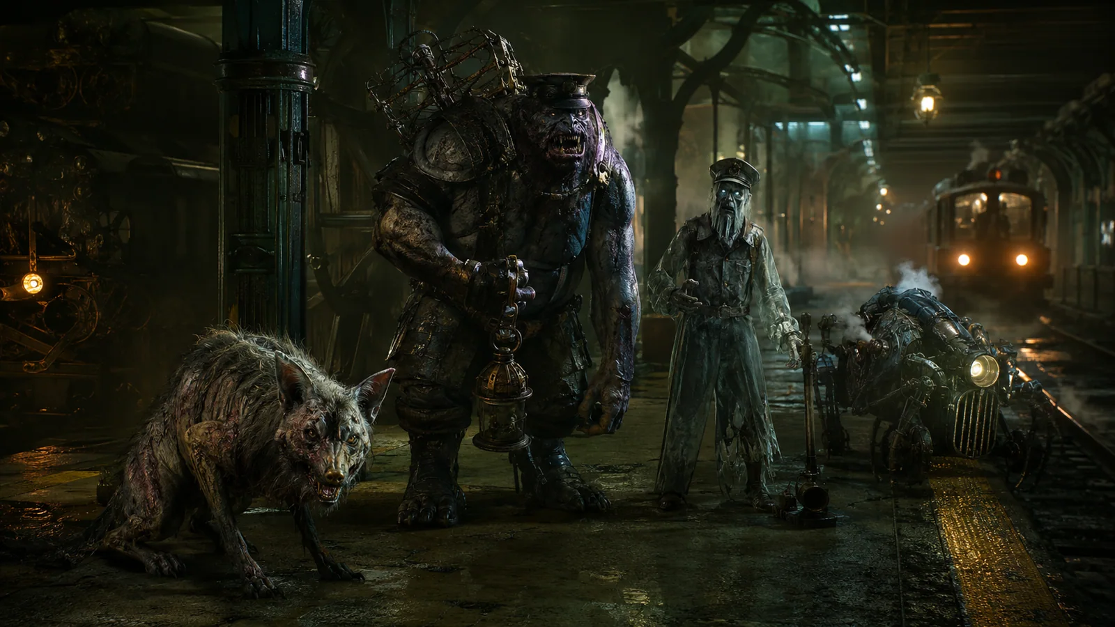Original interpretive group rendering of neighborhood bosses in an Iron Tangle station.