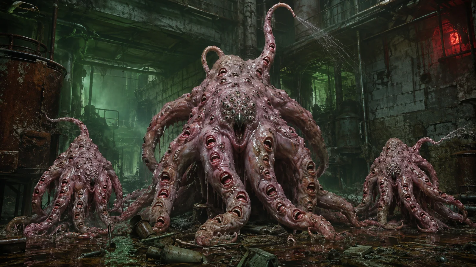 Original interpretive rendering of multiple Krakaren clones advancing through a dungeon corridor.