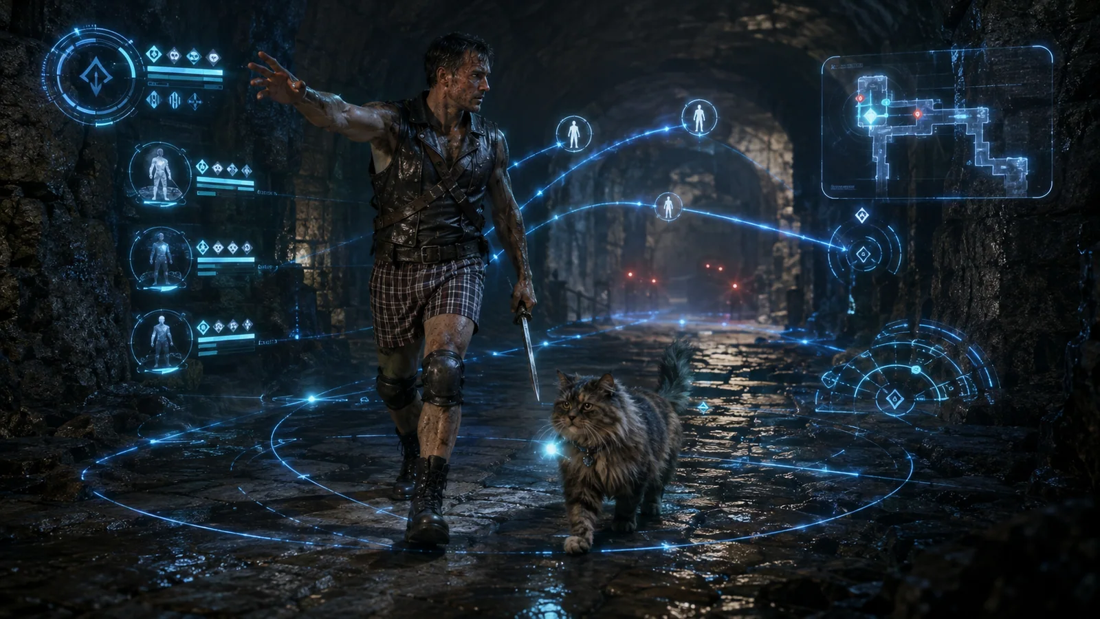 Original interpretive rendering of crawlers using a blue holographic party and movement interface.