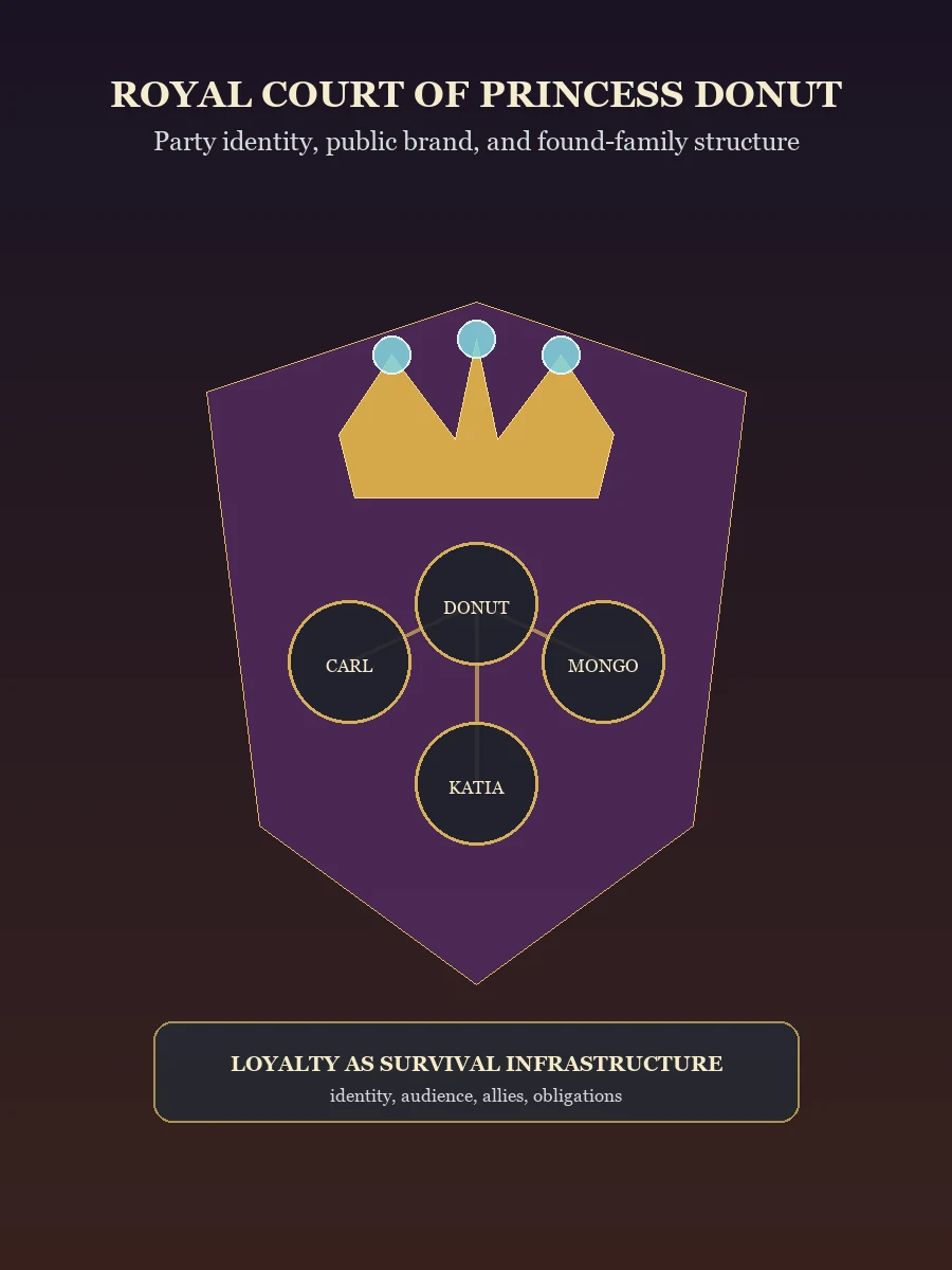 Royal Court of Princess Donut crest diagram with core party relationship nodes